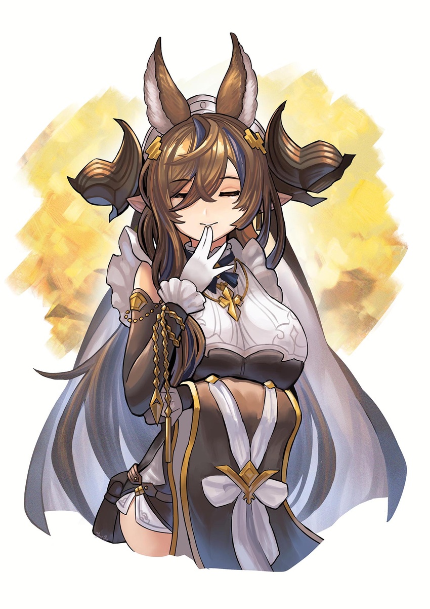 animal_ears breasts brown_hair closed_eyes detached_sleeves female galleon_(granblue_fantasy) gloves granblue_fantasy highres horns large_breasts long_hair multicolored_hair pointy_ears sidelocks smile solo streaked_hair very_long_hair white_gloves yuiko_(yuiyuiko_108)