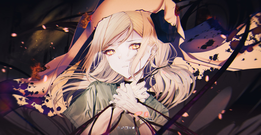 arknights black_choker blonde_hair blood blood_from_eyes burnt_clothes choker crying crying_with_eyes_open female hands_on_own_neck highres horns ifrit_(arknights) kilga solo swept_bangs tears upper_body v-shaped_eyebrows veil wingdings wristband yellow_eyes