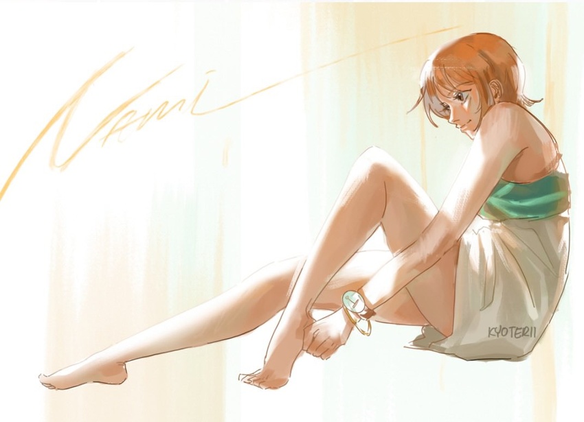 artist_name bare_legs bare_shoulders barefoot bracelet character_name closed_mouth commentary dress female from_side full_body hair_behind_ear jewelry knee_up kyoterii legs light_smile log_pose looking_to_the_side nami_(one_piece) no_tattoo one_piece orange_eyes orange_hair short_hair sitting solo symbol-only_commentary toes white_dress