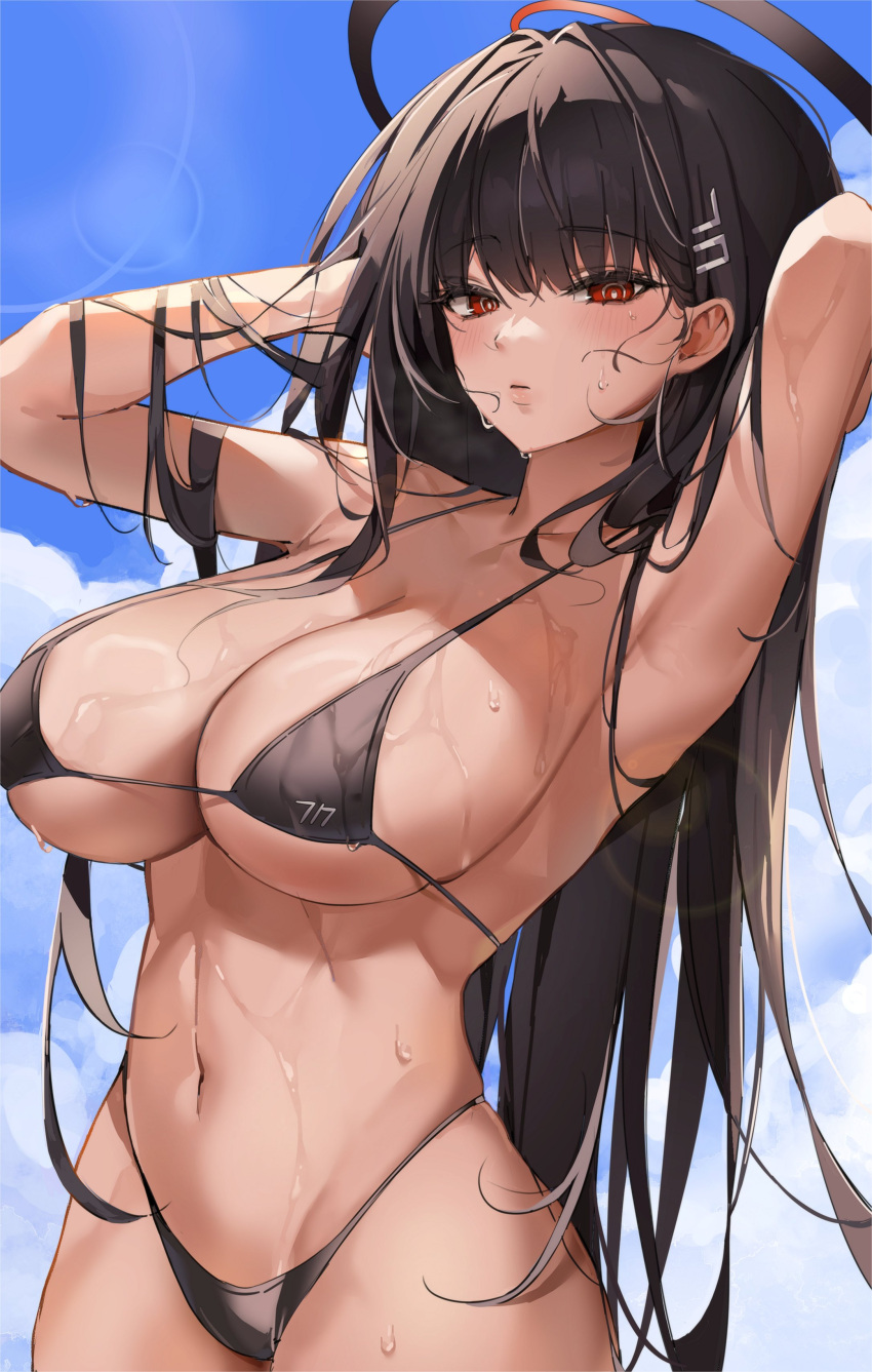 absurdres alternate_costume armpits arms_up bikini black_bikini black_hair blue_archive blue_sky breasts cleavage commentary female hair_flowing_over hair_ornament hairclip halo highleg highleg_swimsuit highres kithera large_breasts long_hair navel parted_lips presenting_armpit red_eyes rio_(blue_archive) sideboob skindentation sky solo stomach swimsuit symbol-only_commentary underboob very_long_hair wet