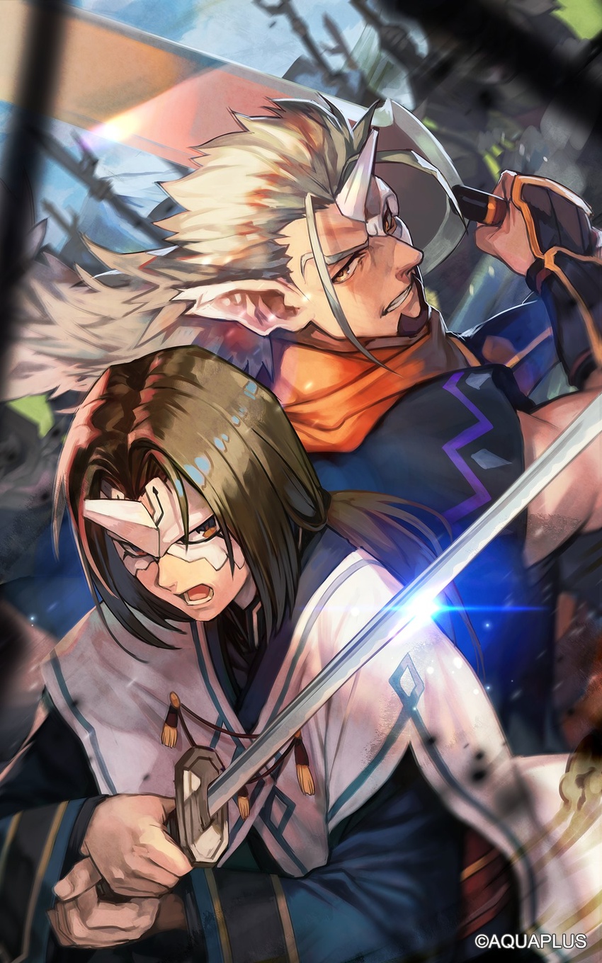 2boys aquaplus black_shirt brown_eyes brown_hair cloak commentary_request gloves highres holding holding_sword holding_weapon hungry_clicker japanese_clothes katana looking_at_viewer low_ponytail male_focus mask medium_hair mikazuchi_(utawarerumono) multiple_boys oshtor outdoors parted_bangs ponytail scarf shirt sword utawarerumono utawarerumono:_lost_flag weapon