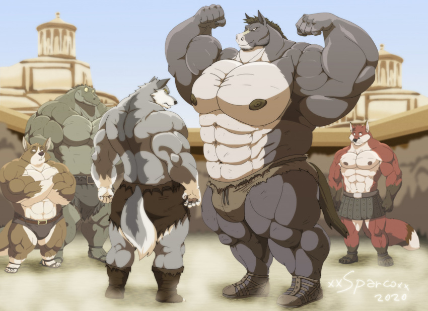 2020 abs amenon_(xxsparcoxx) anthro armor belt biceps big_muscles boots bottomwear briefs brown_body brown_fur canid canine canis clothed clothing crocodile crocodilian crocodylid crossed_arms damocles_(xxsparcoxx) digital_media_(artwork) dipstick_tail domestic_dog equid equine eye_contact flexing footwear fox frown fur fur_boots gladiator green_body green_scales group herding_dog horse huge_muscles hyper hyper_muscles kraso_(xxsparcoxx) leather leather_armor leg_markings looking_at_another male mammal markings multicolored_body multicolored_fur multicolored_tail muscular muscular_anthro muscular_male nipples pastoral_dog pecs pteruges red_body red_fur reptile reyak_(xxsparcoxx) sandals scales scalie scowl skirt smug socks_(marking) tail tail_markings teofacio_larna topless topless_male triceps two_tone_body two_tone_fur underwear warrior welsh_corgi white_body white_fur wolf worried xxsparcoxx