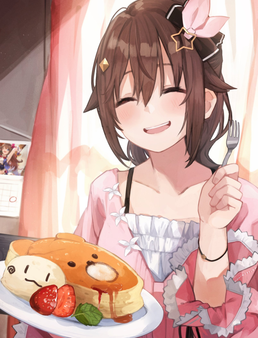 ankimo_(tokino_sora) black_ribbon blush bra_strap brown_hair calendar_(object) cardigan closed_eyes collarbone commentary curtains day female food fork frilled_sleeves frills fruit hair_between_eyes hair_flaps hair_ornament hair_ribbon highres holding holding_fork holding_plate hololive indoors kase_(kurimuzone_oruta) looking_at_viewer medium_hair official_alternate_costume official_alternate_hairstyle open_mouth pancake pink_cardigan pink_ribbon plate ponytail ribbon side_ponytail smile solo star_(symbol) star_hair_ornament strawberry sunlight symbol-only_commentary tokino_sora tokino_sora_(casual) upper_body virtual_youtuber wavy_hair window wristband