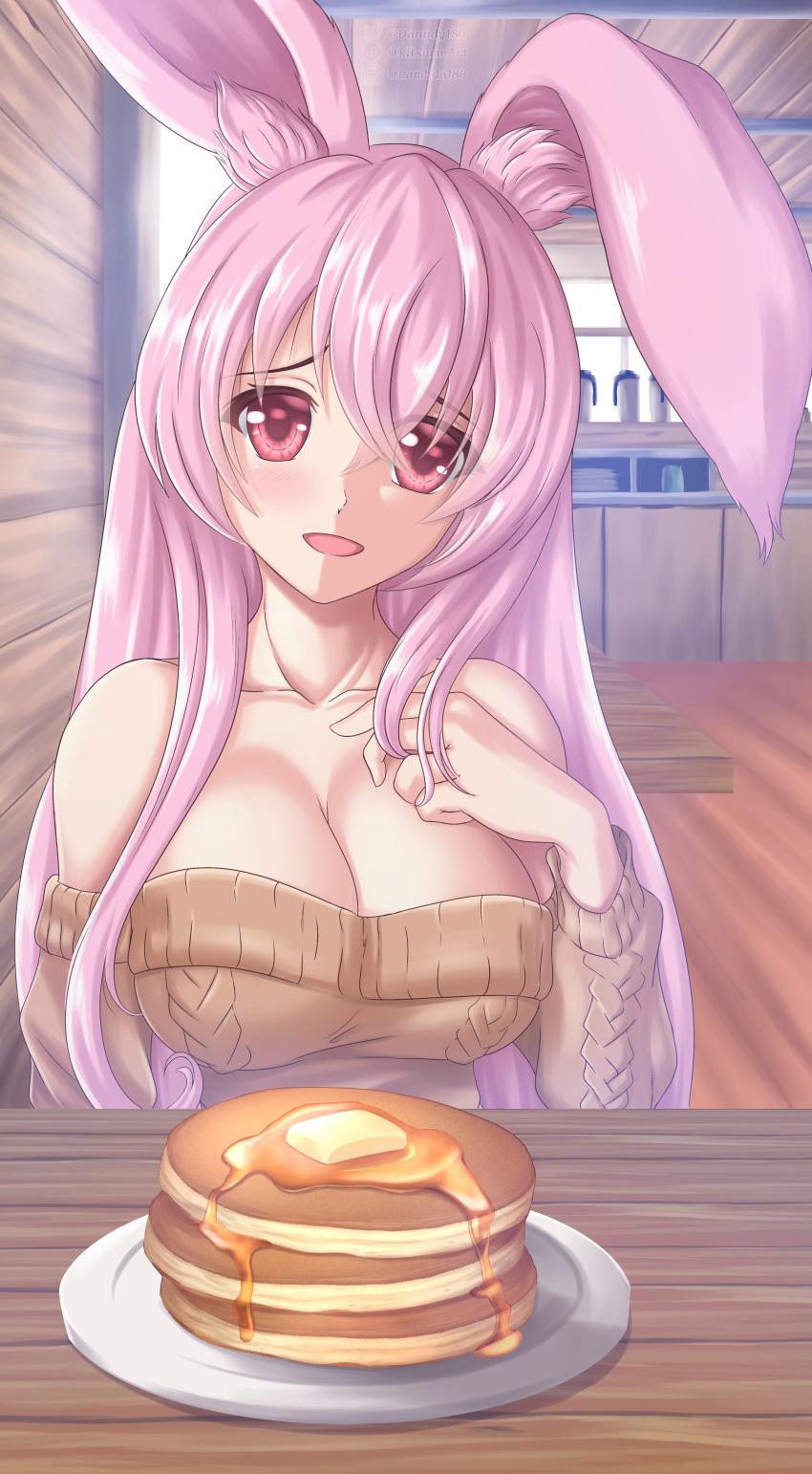 absurdres animal_ear_fluff animal_ears blush breasts butter casual cleavage collarbone commentary danndy female food hand_on_own_chest highres indoors kurousagi_(mondaiji) large_breasts long_hair looking_at_viewer mondaiji-tachi_ga_isekai_kara_kuru_sou_desu_yo? off-shoulder_sweater off_shoulder open_mouth pancake pink_hair rabbit_ears rabbit_girl red_eyes solo spanish_commentary sweater syrup very_long_hair