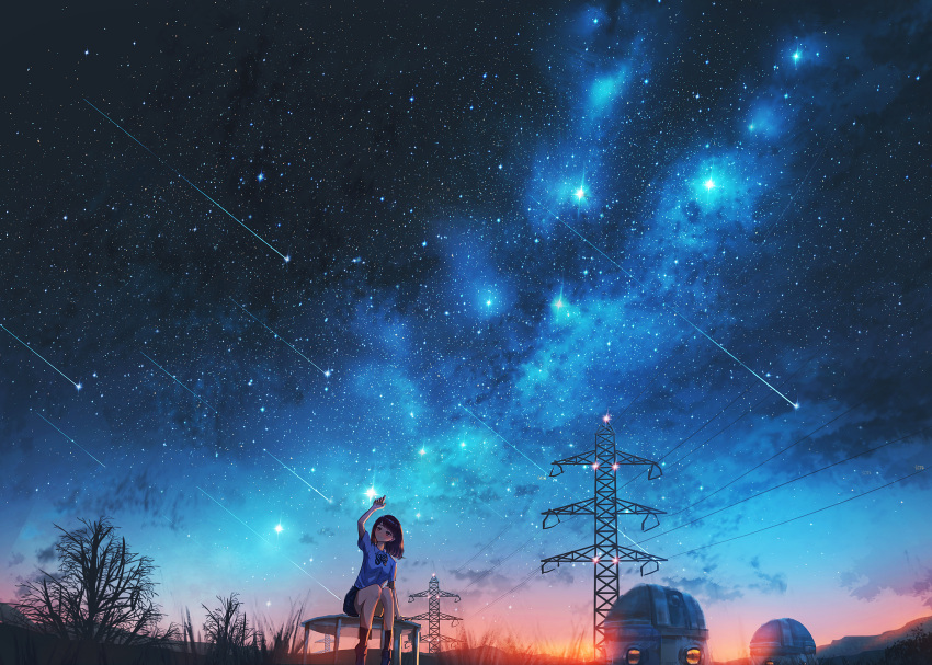 arm_up black_hair black_legwear black_skirt bow bowtie branch closed_mouth collared_shirt commentary evening female highres kenzo_093 lantern lights meteor meteor_shower milky_way mountainous_horizon observatory observatory_dome original outdoors power_lines red_eyes scenery school_uniform shirt short_sleeves sitting skirt sky smile star_(sky) starry_sky striped_bow striped_bowtie striped_clothes sunset tree uniform white_shirt