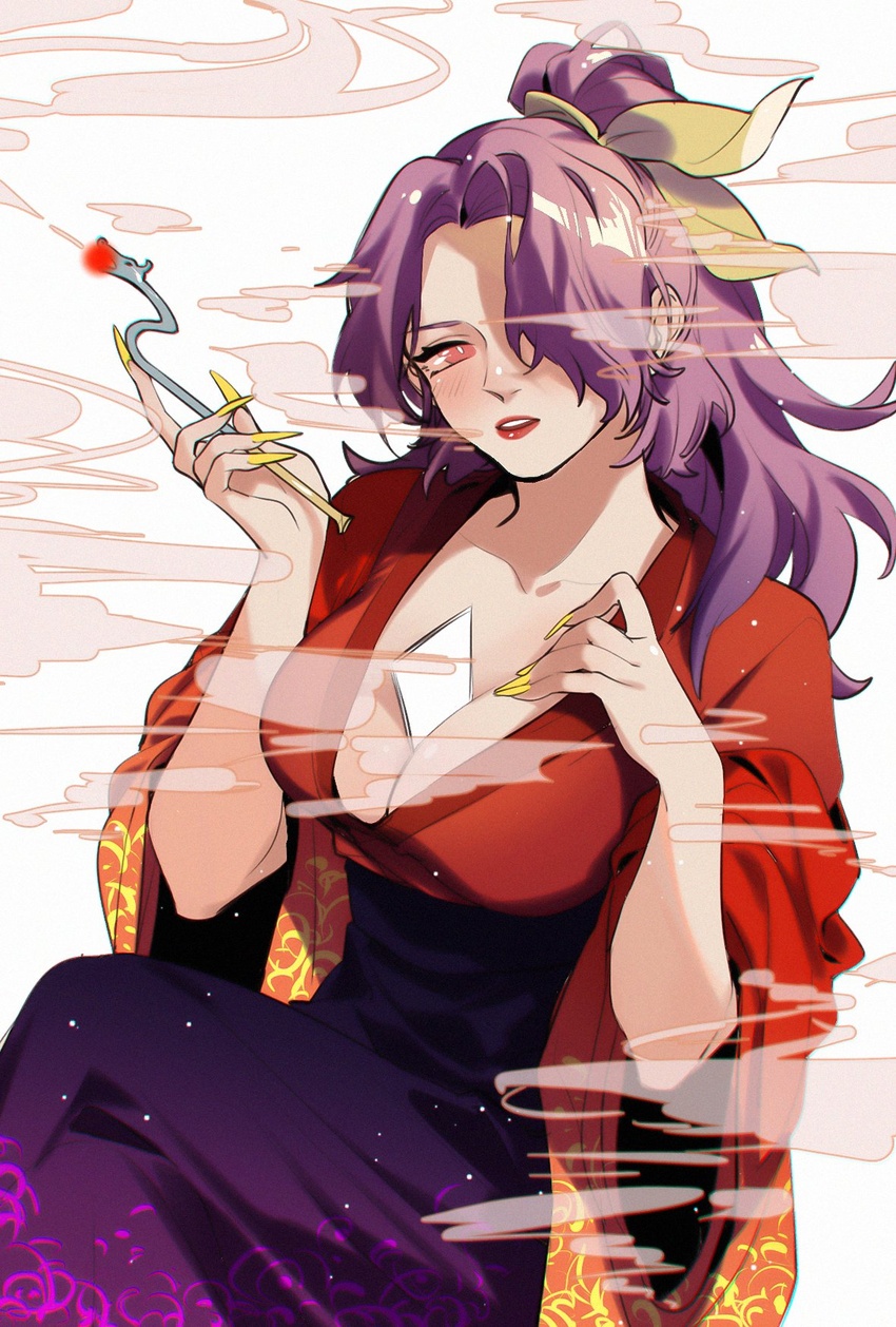 between_breasts breasts bright_pupils card cleavage commentary_request dress female fingernails hair_over_one_eye hair_ribbon highres holding holding_smoking_pipe japanese_clothes kagari6496 kimono kiseru komakusa_sannyo large_breasts long_hair long_sleeves looking_at_viewer ponytail purple_dress purple_eyes purple_hair red_eyes red_kimono ribbon sharp_fingernails smoke smoking smoking_pipe touhou very_long_fingernails white_background white_pupils wide_sleeves yellow_nails yellow_ribbon