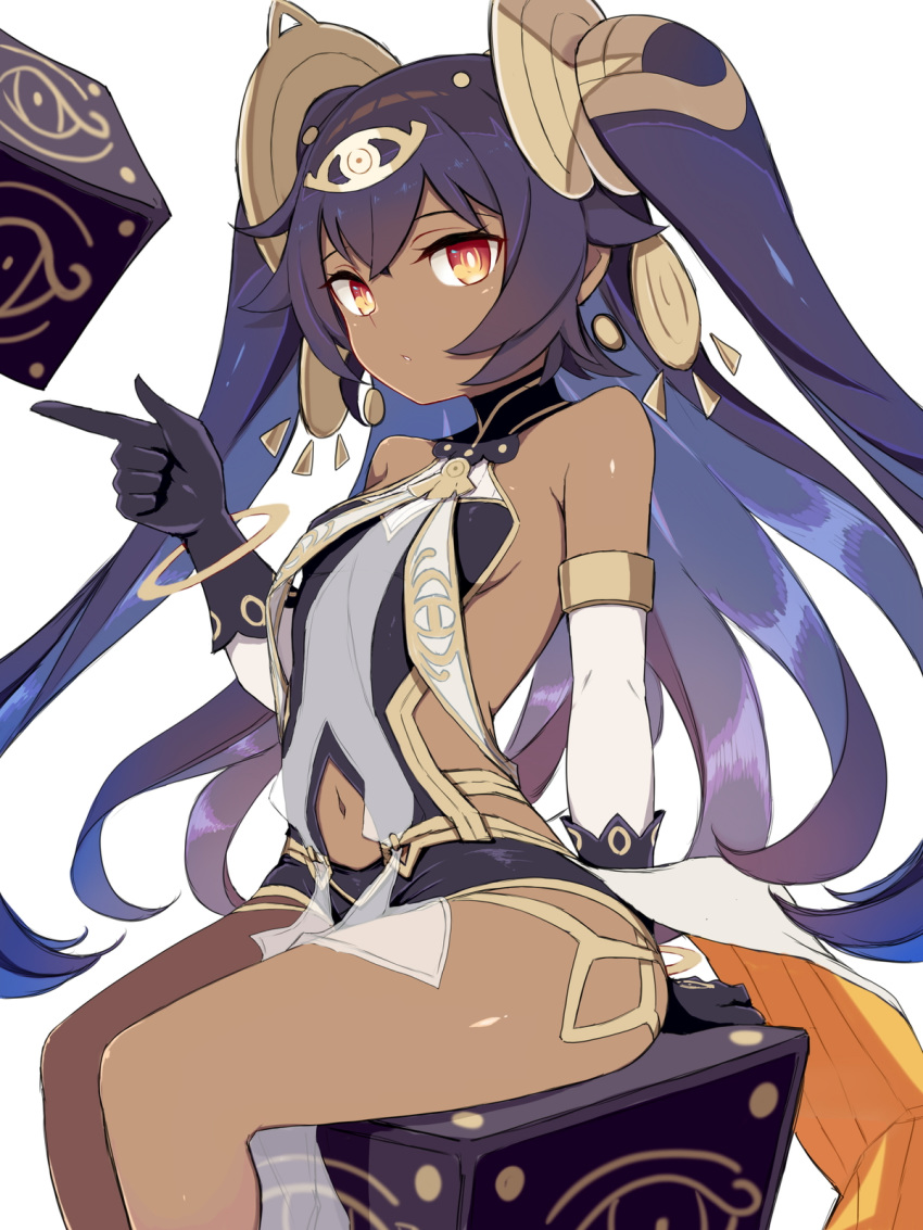 bad_id bad_pixiv_id bare_shoulders black_gloves black_hair breasts bright_pupils clothing_cutout commentary_request cube dark-skinned_female dark_skin detached_sleeves egyptian_clothes female gloves hair_between_eyes headpiece highres index_finger_raised kuyou_(artist) long_hair navel navel_cutout nephtim_(world_flipper) orange_eyes parted_lips see-through sideboob simple_background sitting small_breasts solo two_side_up white_background white_pupils white_sleeves world_flipper