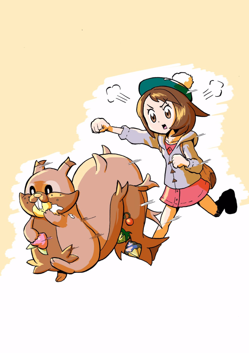 2019 angry backpack brown_body brown_eyes brown_fur chasing cheri_berry chesto_berry clothing dress food footwear fruit fur generation_8_pokemon gloria_(pokemon) greedent hair hat headgear headwear hi_res human jacket mammal mochy nintendo orange_background pecha_berry plant pokemon pokemon_(species) pokemon_berry raised_arm rawst_berry rodent running sciurid shoes short_hair simple_background sitrus_berry sweater tam_o'_shanter topwear