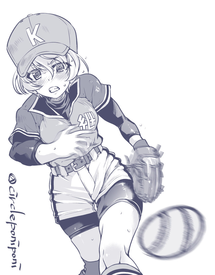 absurdres baseball_cap baseball_mitt belt bike_shorts bike_shorts_under_shorts commentary_request female frown girls_und_panzer grimace hat highres inoue_yoshihisa layered_sleeves long_sleeves looking_at_viewer monochrome motion_blur partial_commentary purple_theme shirt short_hair short_over_long_sleeves short_sleeves shorts socks softball softball_uniform solo sportswear standing sweat thigh_gap twitter_username youko_(girls_und_panzer)