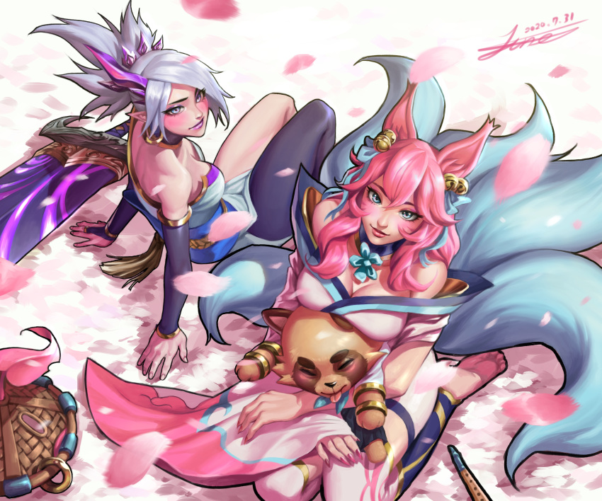 1boy 2girls absurdres ahri_(league_of_legends) animal_ears blue_eyes breasts cleavage english_commentary fox_ears fox_girl fox_tail green_eyes grey_hair highres league_of_legends looking_up medium_breasts multiple_girls multiple_tails pink_hair purple_lips riven_(league_of_legends) sitting spirit_blossom_(league_of_legends) spirit_blossom_ahri spirit_blossom_riven spirit_blossom_teemo tail teemo tied_hair tiger_june yordle