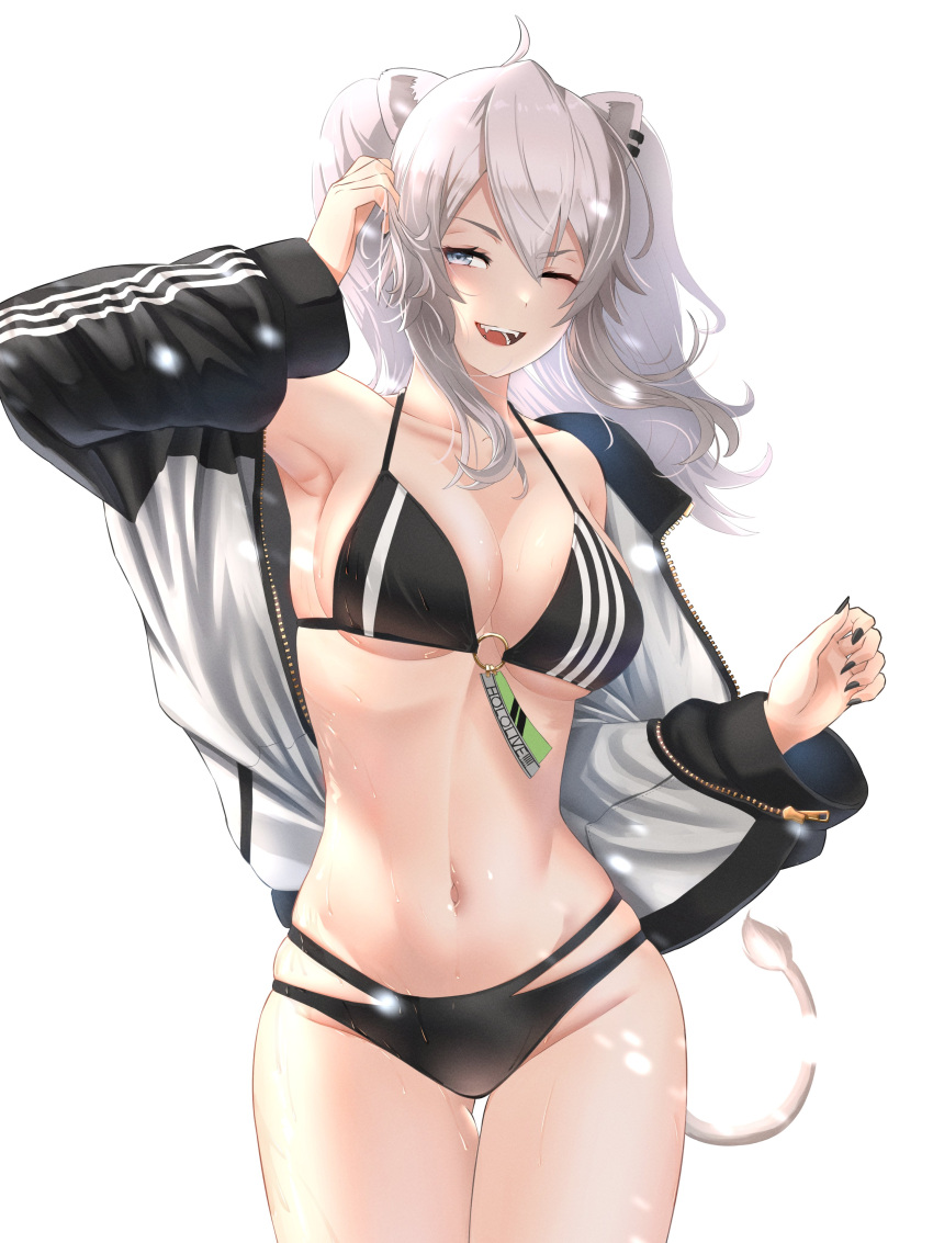 absurdres adapted_costume ahoge animal_ears armpits bikini black_nails breasts commentary ear_piercing female grey_eyes grey_hair hair_between_eyes highres hololive jacket jacket_over_swimsuit large_breasts lion_ears lion_girl lion_tail long_hair long_sleeves multi-strapped_bikini navel o-ring o-ring_top one_eye_closed open_clothes open_jacket open_mouth piercing ryou_(monstercat_nc42) shishiro_botan shishiro_botan_(1st_costume) simple_background smile solo swimsuit tail teeth two_side_up underboob virtual_youtuber wet white_background