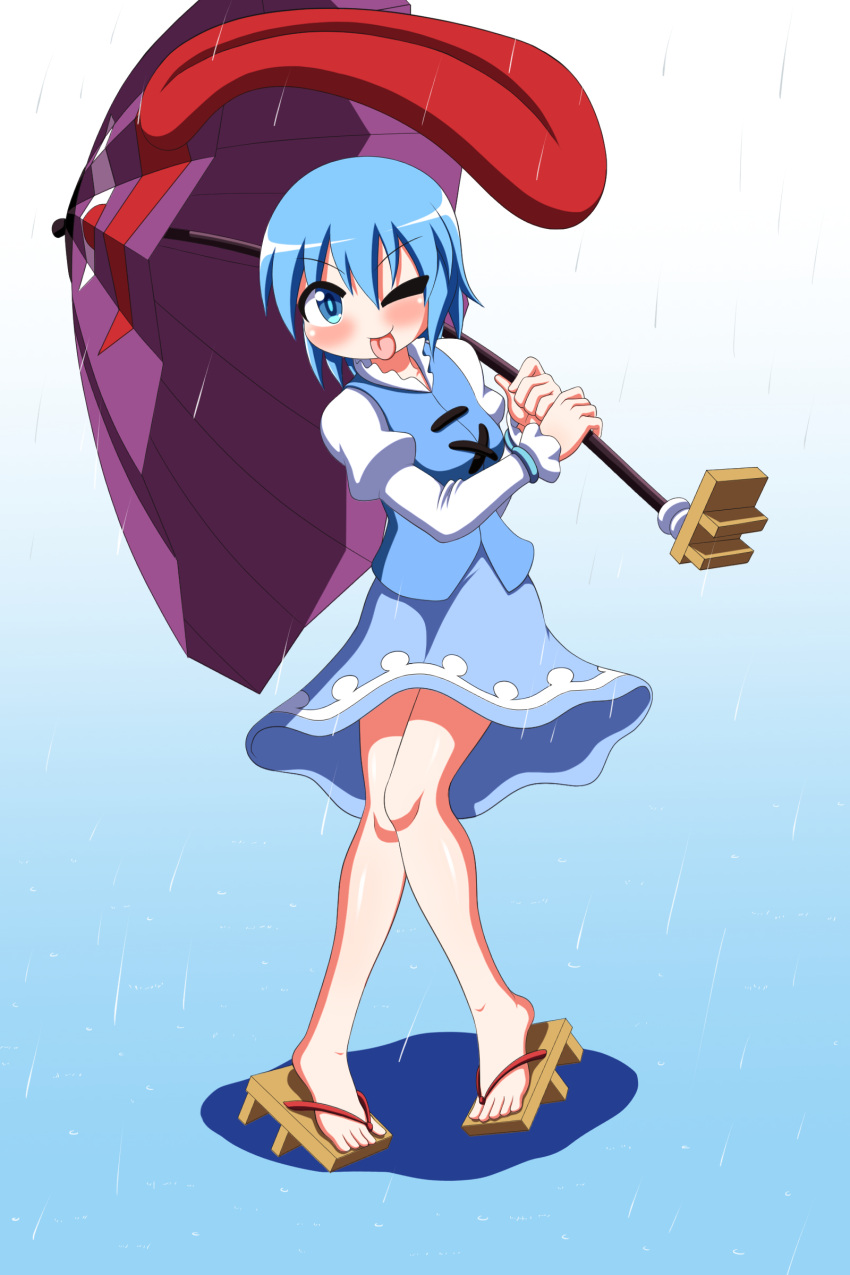 absurdres blue_background blue_eyes blue_hair blue_skirt blue_vest commentary_request feet female full_body geta gradient_background highres holding holding_umbrella juliet_sleeves karakasa_obake knees_together_feet_apart long_sleeves one_eye_closed pigeon-toed puffy_sleeves purple_umbrella rain rakugaki-biyori short_hair skirt solo standing tatara_kogasa toes tongue tongue_out touhou umbrella vest