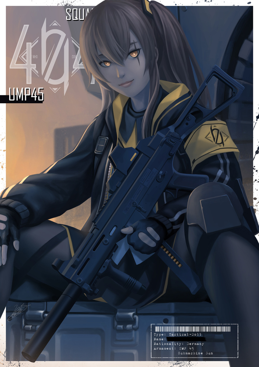 404_(girls'_frontline) 404_logo_(girls'_frontline) armband border brown_eyes brown_hair english_commentary english_text eyebrows_hidden_by_hair female fingerless_gloves girls'_frontline gloves gun highres light_smile lips looking_at_viewer okita outside_border pantyhose photoshop_(medium) scar scar_across_eye scar_on_face sitting skirt solo submachine_gun ump45_(girls'_frontline) weapon white_border yellow_armband