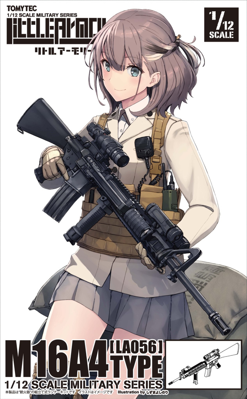 ar-15 assault_rifle blue_eyes blush braid brown_hair copyright_name female foregrip french_braid gloves gradient_hair grey_skirt gun highres holding holding_gun holding_weapon jacket kawashima_eri little_armory long_sleeves m16 m16a4 military_jacket multicolored_hair official_art pleated_skirt rifle shizuma_yoshinori short_hair simple_background skirt smile solo vertical_foregrip weapon