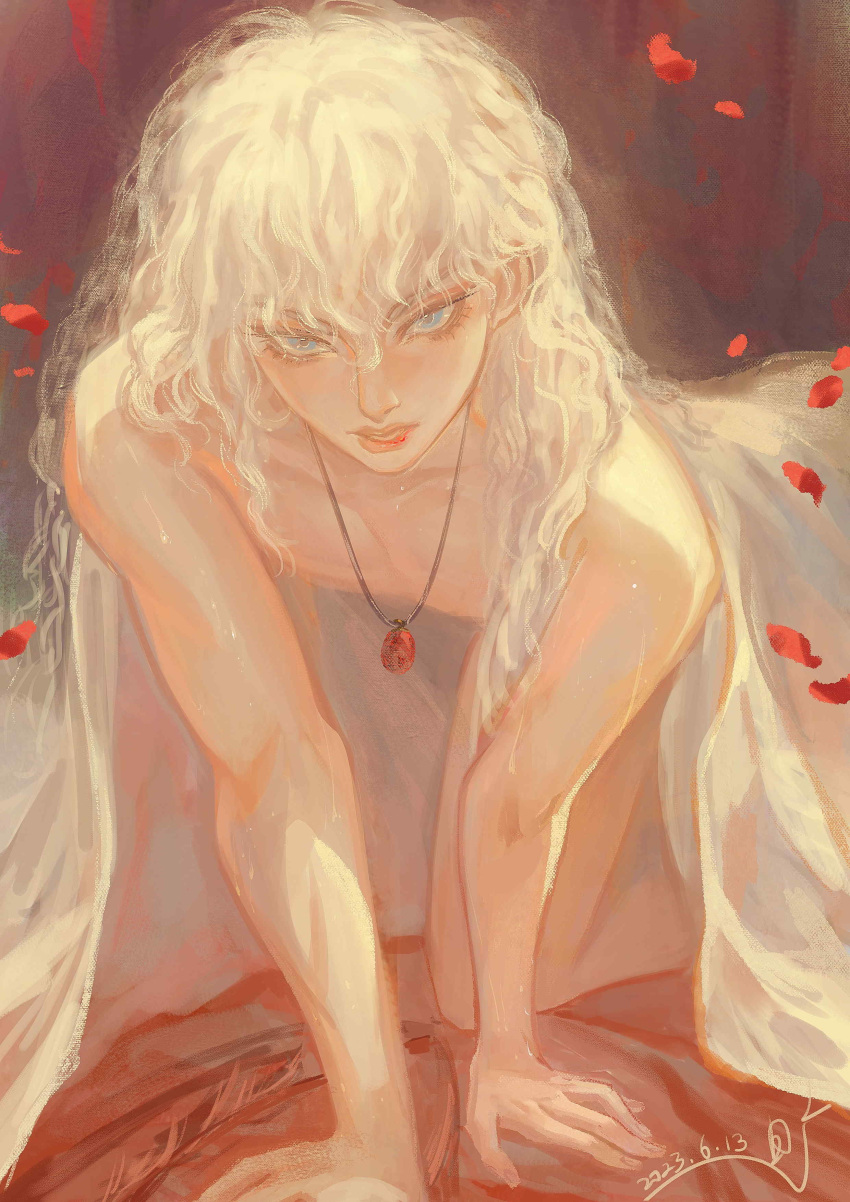 1boy absurdres all_fours bed bed_sheet behelit berserk blanket blue_eyes closed_mouth commentary_request dated falling_petals griffith_(berserk) highres jewelry long_hair looking_at_viewer male_focus momoyuk2 naked_sheet necklace nude on_bed petals solo under_covers wavy_hair white_hair