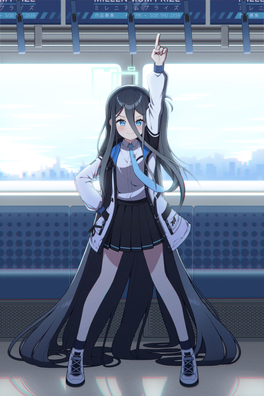 absurdly_long_hair absurdres aris_(blue_archive) arm_up blue_archive blue_eyes blue_hair blush dark_blue_hair female full_body hair_between_eyes highres jacket long_hair long_hair_between_eyes looking_at_viewer necktie pointing pointing_up school_uniform shoes sizque smile solo train_interior very_long_hair