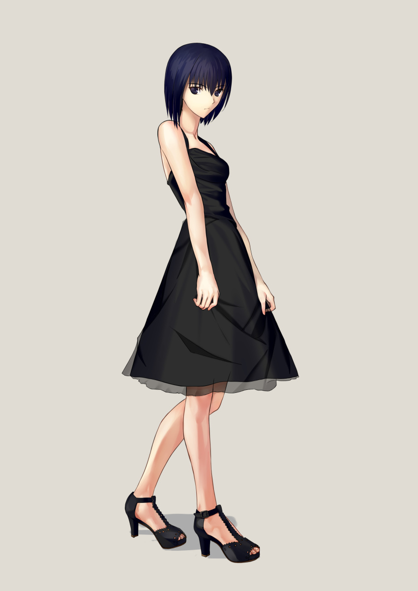 absurdres black_dress black_eyes black_hair commentary_request cqqz0707 dress dress_grab female hair_between_eyes highres kuonji_alice looking_at_viewer mahou_tsukai_no_yoru shadow short_hair solo toeless_footwear white_background