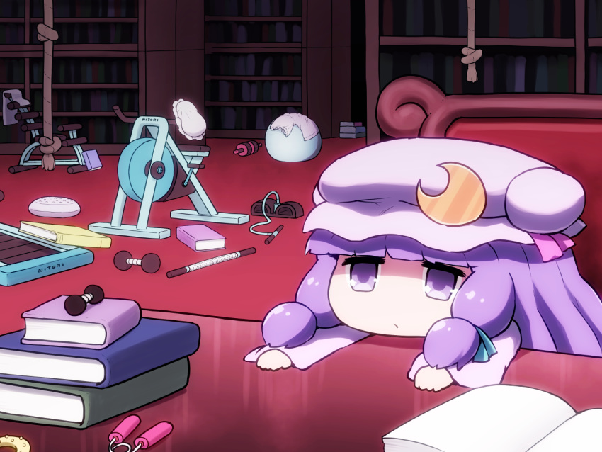 blue_ribbon blunt_bangs book book_stack bookshelf chair chibi commentary crescent crescent_hat_ornament dumbbell exercise_bike female hair_ribbon hat hat_ornament hat_ribbon indoors long_hair long_sleeves mob_cap patchouli_knowledge pink_ribbon purple_eyes purple_hair purple_hat ribbon rope shirosato solo touhou treadmill wide_sleeves