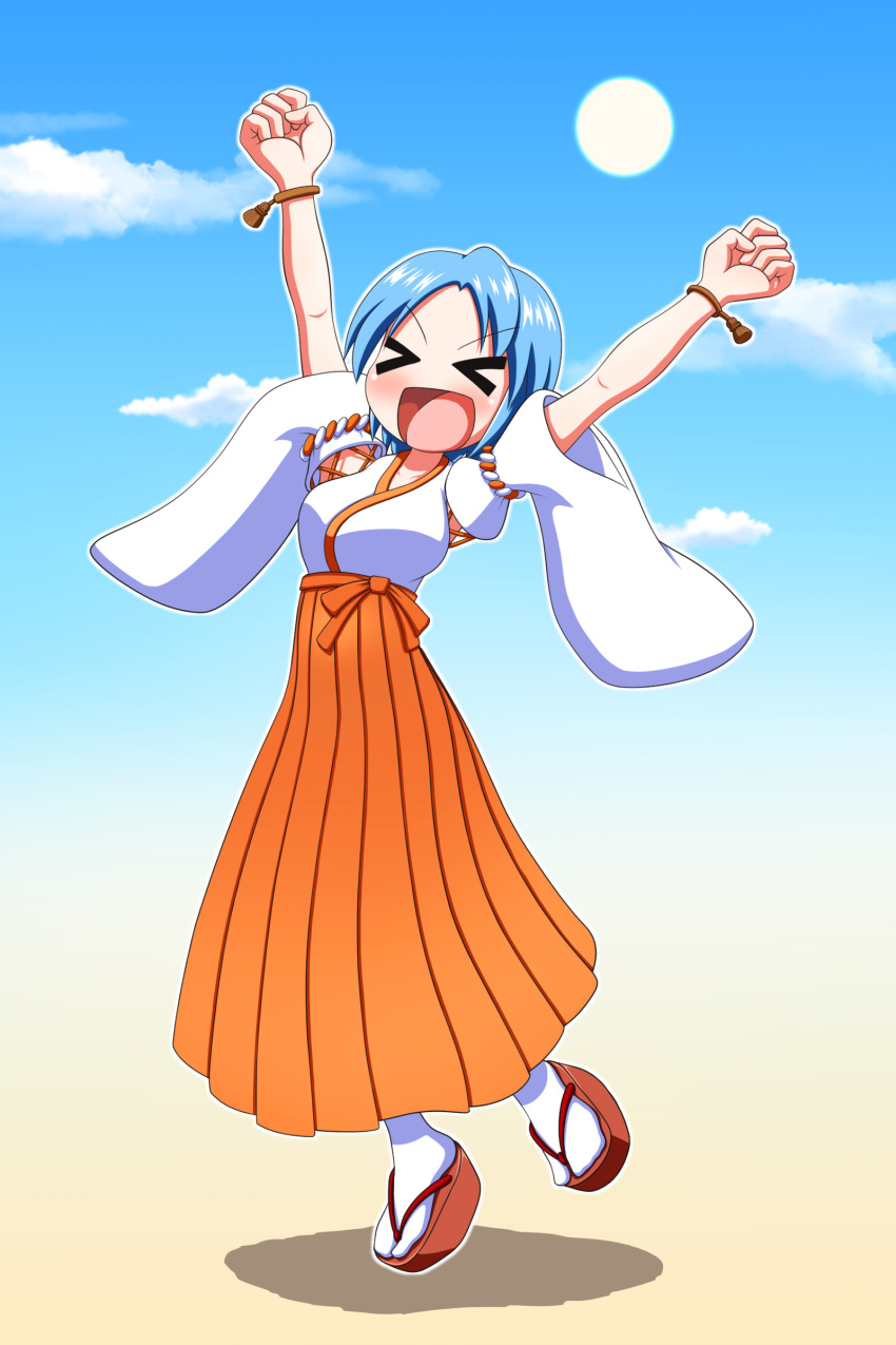 >_< :d absurdres arms_up blue_hair blue_sky closed_eyes cloud commentary_request female full_body hakama hakama_skirt highres japanese_clothes miko okobo open_mouth orange_hakama rakugaki-biyori red_eyes sandals skirt sky smile solo sun tatara_kogasa touhou white_footwear wide_sleeves xd