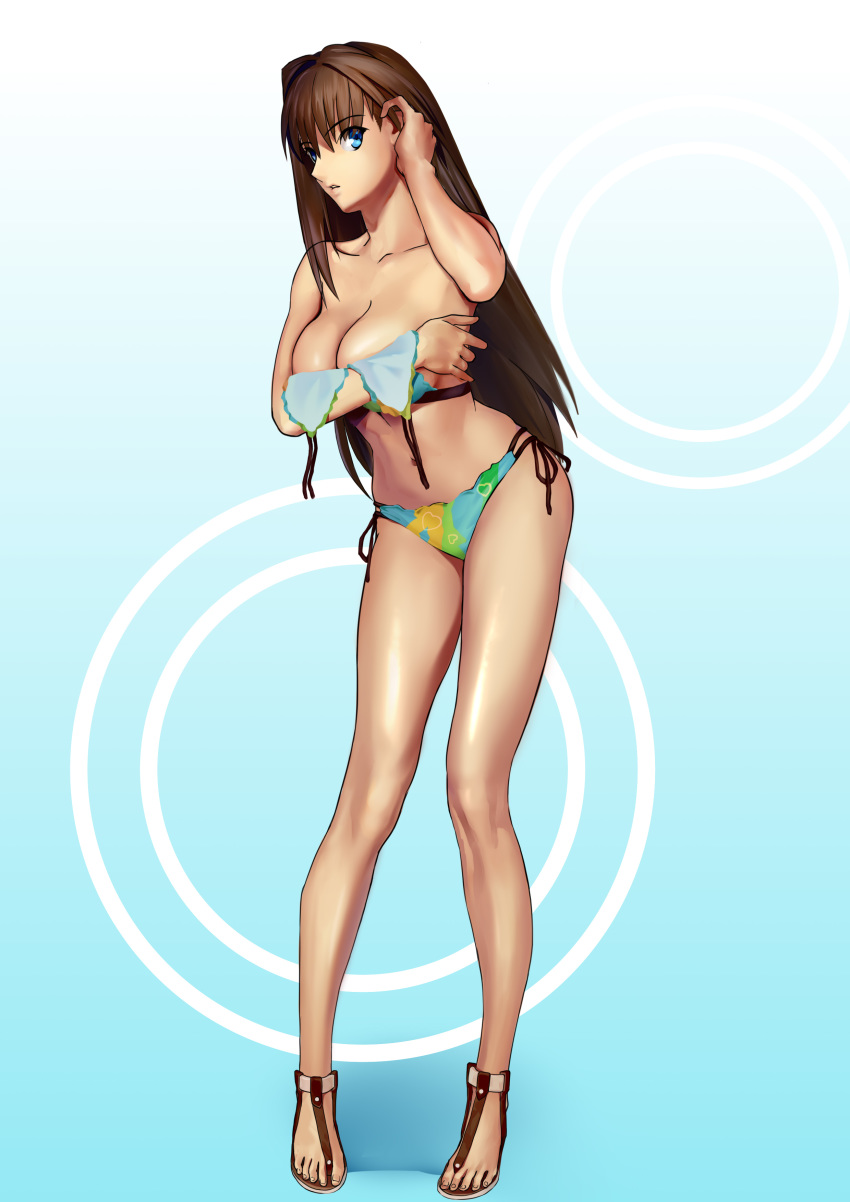 absurdres aozaki_aoko bikini blue_eyes blue_sky breast_hold breasts brown_hair cleavage commentary_request cqqz0707 female hair_between_eyes hand_in_own_hair highres long_hair looking_at_viewer mahou_tsukai_no_yoru medium_breasts multi-strapped_bikini navel sandals side-tie_bikini_bottom sky solo swimsuit thighs unworn_bikini_top very_long_hair