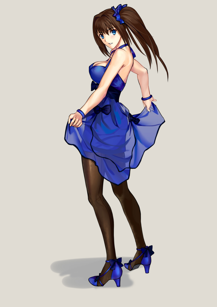 absurdres aozaki_aoko back-seamed_legwear blue_bracelet blue_dress blue_eyes blue_footwear blush bracelet breasts brown_hair commentary_request cqqz0707 dress female from_behind hair_between_eyes high_heels highres jewelry looking_at_viewer looking_back mahou_tsukai_no_yoru medium_breasts pantyhose parted_lips seamed_legwear shadow side_ponytail solo white_background