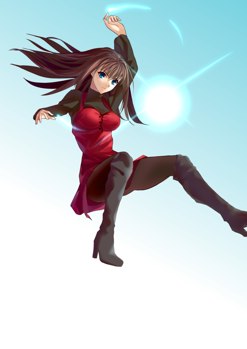 absurdres aozaki_aoko black_pantyhose blue_eyes boots breasts brown_hair commentary_request cqqz0707 dress female highres knee_boots large_breasts layered_clothes legs lens_flare long_hair looking_at_viewer mahou_tsukai_no_yoru midair pantyhose red_dress solo thighs