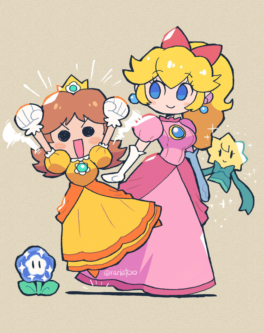 1other 2girls :d absurdres arms_up blue_eyes clenched_hands closed_mouth commentary_request dress earrings flipped_hair frilled_gloves frills gloves highres jewelry long_dress looking_at_viewer mario_(series) multiple_girls orange_footwear power-up princess_daisy princess_peach princess_peach:_showtime! puffy_short_sleeves puffy_sleeves rariatto_(ganguri) short_sleeves simple_background smile sphere_earrings stella_(peach) super_mario_bros._wonder white_gloves wonder_flower