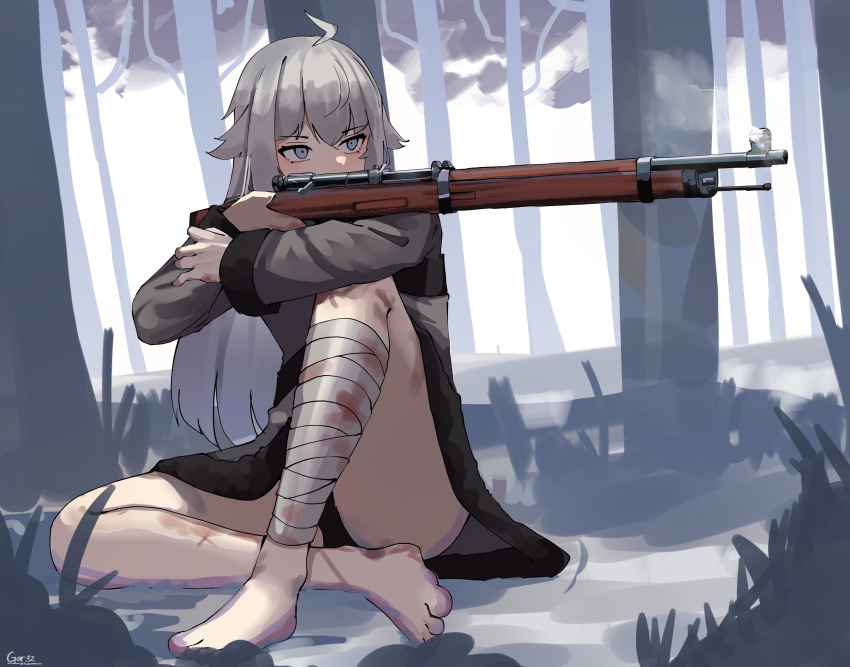 absurdres ahoge bandaged_leg bandages barefoot black_panties blood blood_on_bandages bolt_action codename:_bakery_girl covered_mouth dress female full_body fur-trimmed_dress fur_trim gar32 grey_dress grey_eyes grey_hair gun highres holding holding_gun holding_weapon jefuty_(bakery_girl) knee_up legs long_hair looking_back looking_to_the_side mosin-nagant panties rifle sitting solo toes tree underwear very_long_hair weapon