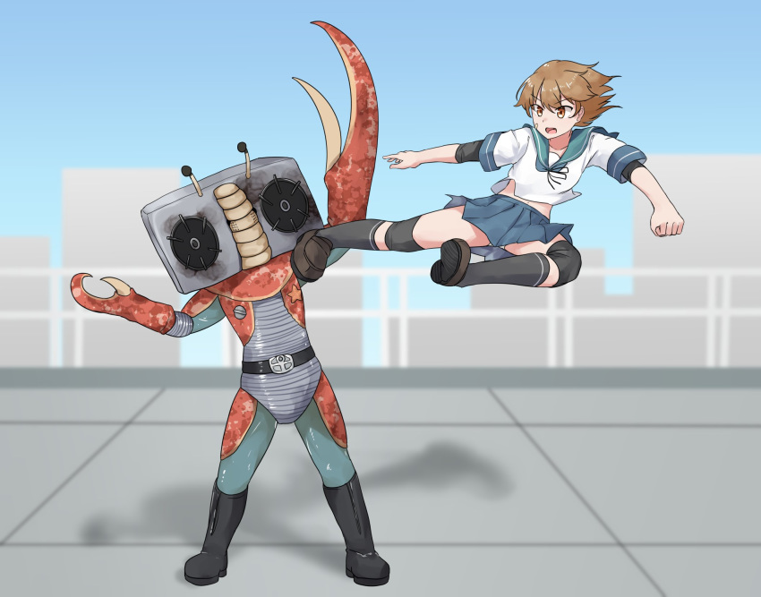 1other ahoge bandaid bandaid_on_face blue_sailor_collar blue_skirt blue_sky brown_hair commentary crab day double_burner_stove_oboro elbow_pads female flying_kick full_body highres kantai_collection kicking knee_pads monster oboro_(kancolle) outdoors panties pantyshot parody pleated_skirt portable_stove railing sailor_collar school_uniform serafuku short_hair skirt sky stove sugamo_(rainysnowy108) tokusatsu underwear