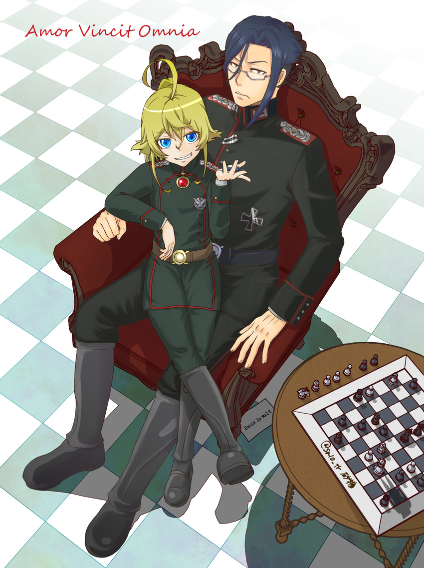 1boy absurdres ahoge being_x belt belt_buckle blonde_hair blue_eyes blue_hair board_game boots buckle chair chess chess_piece chessboard commentary_request cross different_shadow epaulettes erich_von_rerugen female full_body gem glasses highres iron_cross latin_text looking_at_viewer military military_uniform semi-rimless_eyewear sitting sitting_on_lap sitting_on_person tanya_degurechaff tile_floor tiles translated tsuioku uniform when_you_see_it yellow_eyes youjo_senki