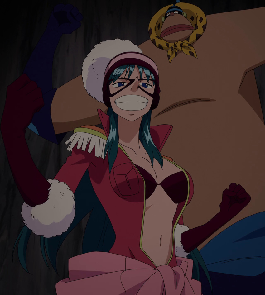 blue_eyes blue_hair breasts female gloves hamburg hat long_hair navel one_piece open_clothes open_shirt porche screencap shirt stitched