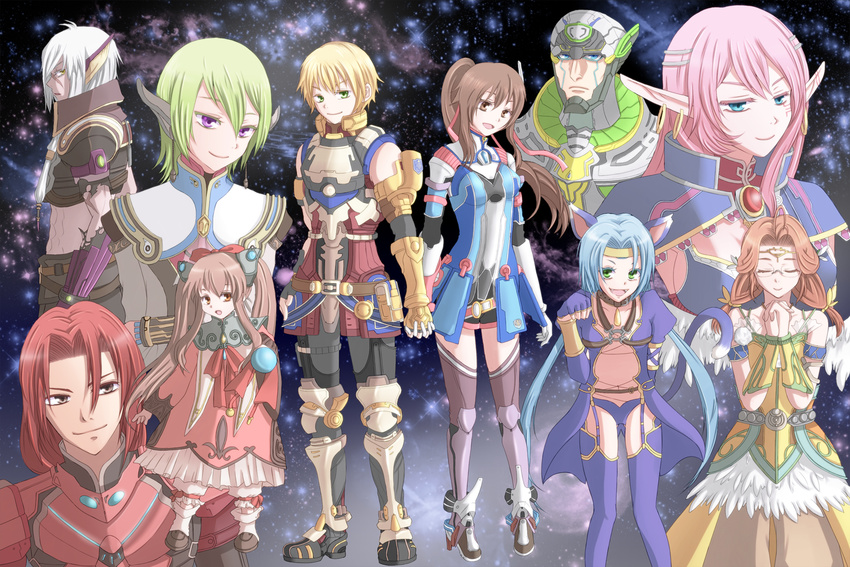 5boys 5girls android animal_ears armor arumat_p._thanatos bacchus_d-79 blonde_hair blue_eyes blue_hair blue_thighhighs boots bow brown_eyes brown_hair cat_ears cat_tail closed_eyes coat commentary_request crowe_f._almedio dress ear_covers edge_maverick everyone faize_scheifa_beleth frills full_body gem gloves green_eyes green_hair group_picture hair_ribbon high_ponytail holding_hands interlocked_fingers long_hair low_twintails lymle_lemuri_phi meracle_chamlotte midriff multiple_boys multiple_girls myuria_tionysus pants parted_bangs pink_hair pointy_ears ponytail purple_eyes purple_legwear red_armor red_hair ribbon rogie saionji_reimi sarah_jerand shorts smile space star_ocean star_ocean_the_last_hope tail thighhighs twintails white_hair wings wrist_cuffs