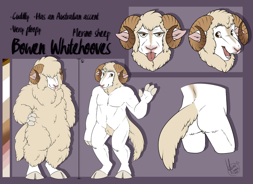 absurd_res anthro ass barefoot biped bovid bowen_whitehooves caprine character_name color_swatch domestic_sheep english_text feet fluffy fur hi_res horn long_tail looking_at_viewer male mammal merino_sheep model_sheet muscular muscular_anthro muscular_male open_mouth sheep shorn simple_background smile solo tail text tongue tongue_out white_body white_fur wool_(fur) yellowstumps