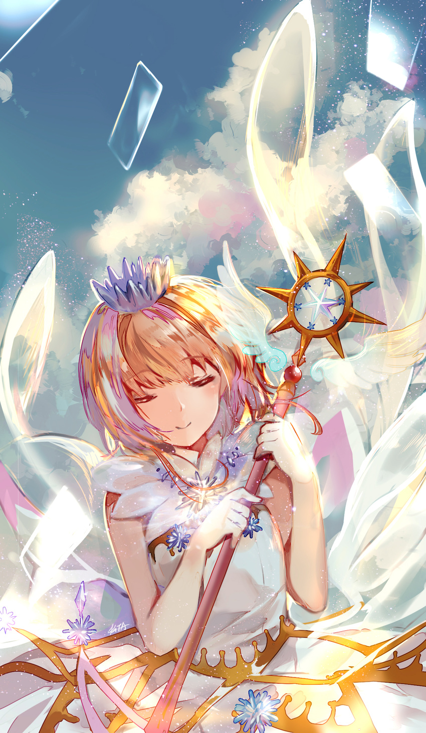 bare_arms bare_shoulders blue_sky blush brown_hair cardcaptor_sakura cardcaptor_sakura_clear_card_arc clear_card closed_eyes closed_mouth cloud commentary_request crown day dress facing_viewer female glowing highres holding holding_wand kinomoto_sakura kinomoto_sakura_(crystal_feather_dress) kita_(kitairoha) light light_particles photoshop_(medium) short_hair signature sky sleeveless sleeveless_dress smile solo transparent_wings wand white_dress wings yume_no_tsue