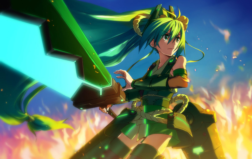 commentary_request female fire green_eyes green_hair japanese_clothes long_hair low-tied_long_hair ponytail rope solo sword thighhighs tsuta_no_ha very_long_hair vividgreen vividred_operation weapon