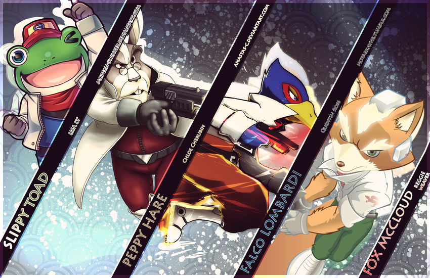 arkayne bird bunny cherubin falco_lombardi falcon fox fox_mccloud furry highres lisa_ly modern_swinger nintendo peppy_hare quentin_ross rabbit slippy_toad star_fox toad vide_game weaver