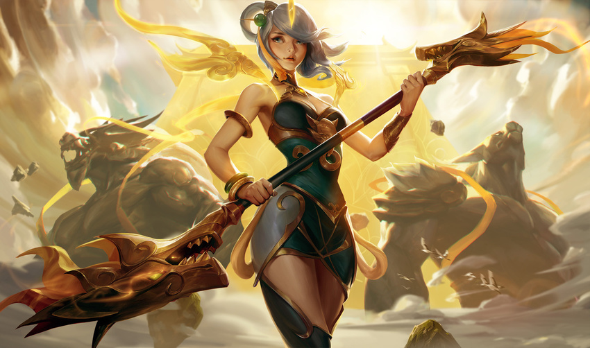 alternate_costume armor backlighting blue_eyes breasts collaboration commentary crowgod english_commentary esben faulds female grey_hair hair_ornament hair_rings highres holding holding_weapon league_of_legends lips lunar_empress_lux lux_(league_of_legends) medium_breasts nose official_art polearm solo_focus unitard weapon