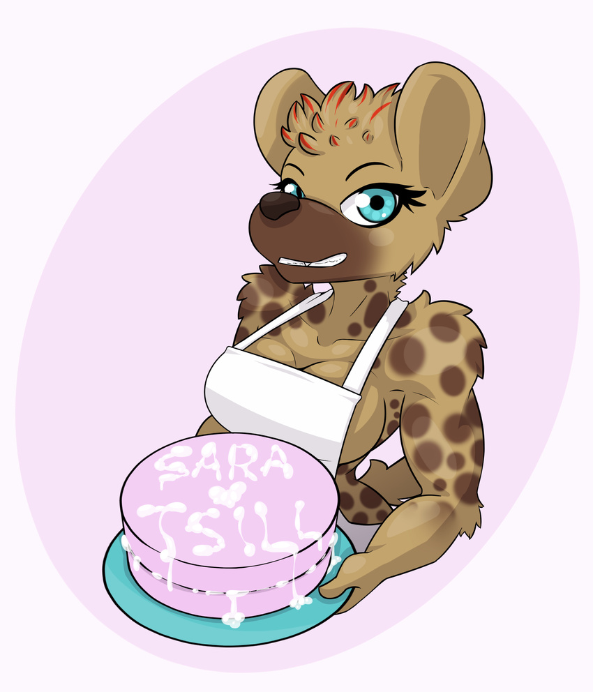 anthro apron bodily_fluids breasts cake clothing cum cum_on_food dessert female food genital_fluids hi_res hyena icing limebreaker looking_at_viewer mammal sara_(spottyreception) simple_background smile solo spotted_hyena