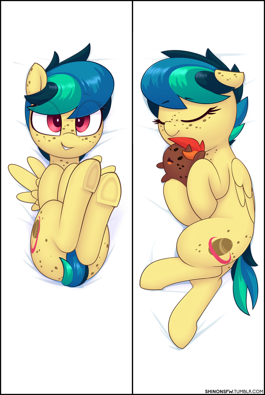 2018 apogee black_border body_pillow_design border cutie_mark dakimakura dakimakura_design equid equine eyebrows eyelashes fan_character feathered_wings feathers female feral freckles grin hair hasbro hi_res holding_object hooves looking_at_viewer lying mammal my_little_pony mythological_creature mythological_equine mythology nude on_back on_side pegasus pillow pink_eyes plushie shinodage short_hair sleeping smile solo teal_hair teeth text underhoof url wings young young_feral