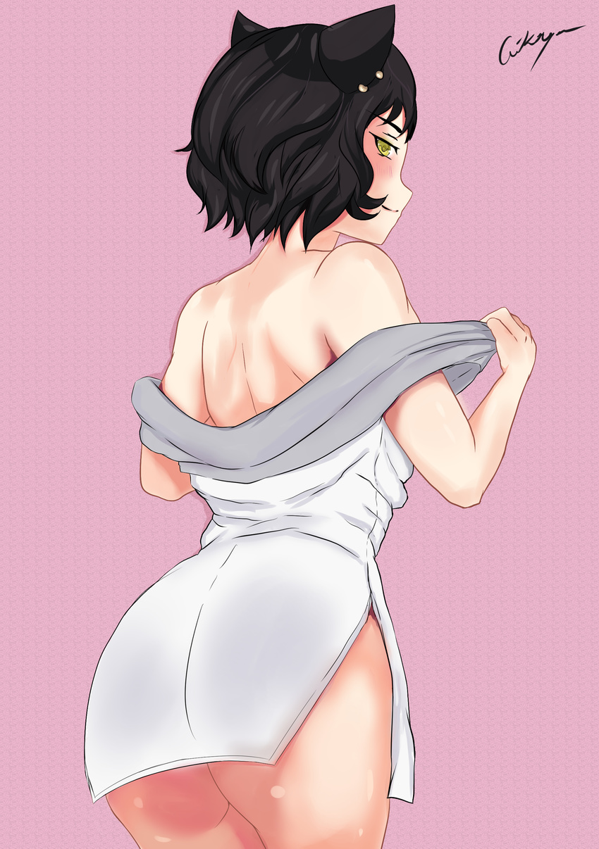 absurdres aikiyun animal_ears artist_name black_hair blush bottomless cat_ears cat_girl commentary ear_piercing female from_behind highres kali_belladonna looking_back mature_female piercing pink_background rwby shirt solo undressing yellow_eyes