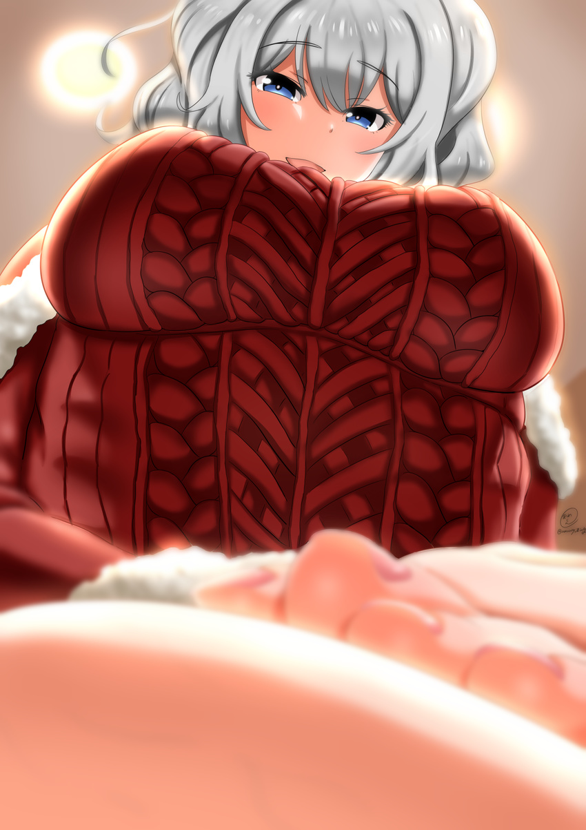 amaaay_zing blue_eyes blush breasts christmas female female highres kantai_collection kashima_(kantai_collection) lap_pillow large_breasts pov silver_hair smile solo