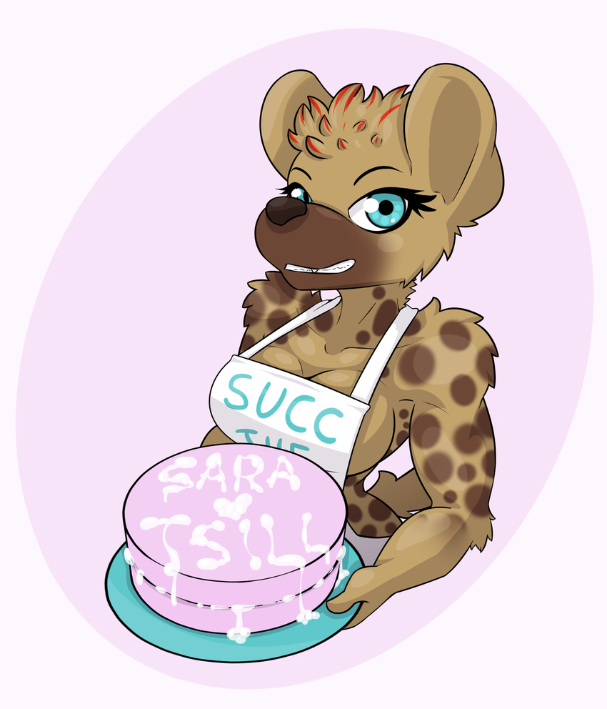 anthro apron bodily_fluids breasts cake clothing cum cum_on_food dessert female food genital_fluids hi_res hyena icing limebreaker looking_at_viewer mammal sara_(spottyreception) simple_background smile solo spotted_hyena