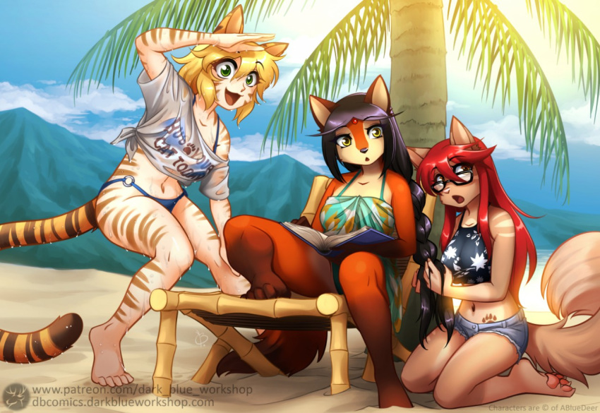 4_toes 5_toes abluedeer anthro barefoot beach bethellium bikini black_hair blonde_hair book bottomwear braided_hair breasts brown_eyes c-chan's_a_catgirl! canid canine clarisse_(abluedeer) claws clothed clothing denim denim_clothing digital_media_(artwork) domestic_cat english_text eyewear feet felid feline felis female fox fur glasses green_eyes group hair humanoid_feet long_hair mammal midriff moccha_(abluedeer) moon_lace navel o-ring o-ring_bikini o-ring_bikini_bottom off_shoulder open_mouth orange_body orange_fur palm_tree pawpads pink_pawpads plant plantigrade red_hair seaside shaded shirt short_hair shorts soles swimwear text toes topwear tree wet wet_clothing wet_shirt wet_topwear yellow_eyes zoana_(bethellium)