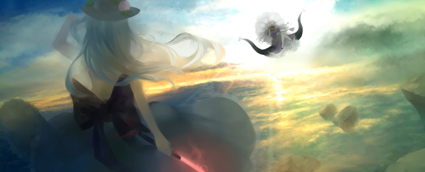 2girls ann606 back blue_hair commentary_request dress gap_(touhou) hand_fan hat hinanawi_tenshi multiple_girls parasol rock scarlet_weather_rhapsody sunset sword sword_of_hisou touhou umbrella weapon yakumo_yukari