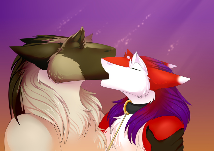 absurd_res anthro azaly braided_hair collar digital_media_(artwork) duo femboy fur hair hi_res kissing long_hair male male/male mammal purple_hair red_body red_fur sergal sergeantyakirr simple_background white_body white_fur zxara_amador