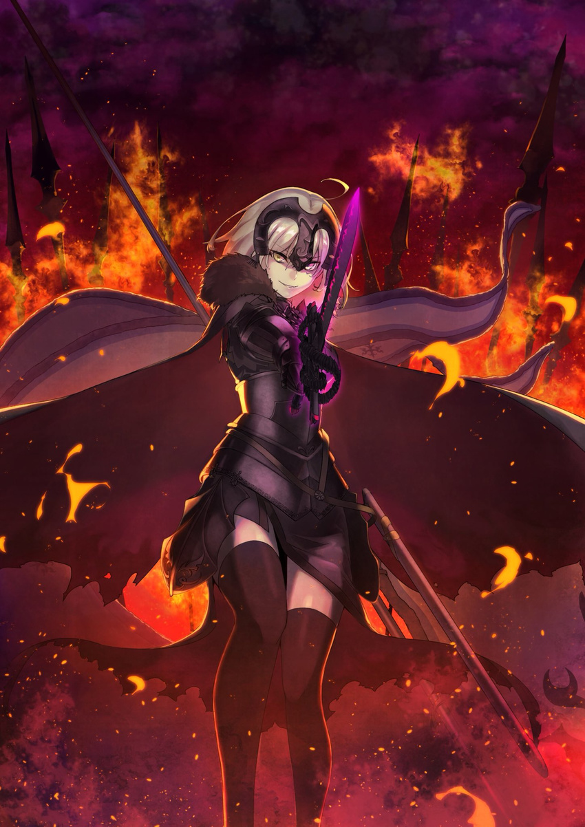 ahoge akamiso_(k074510) armor armored_dress banner black_dress black_thighhighs cape commentary_request dress fate/grand_order fate_(series) female fire fur_trim gauntlets hair_between_eyes highres holding holding_sword holding_weapon jeanne_d'arc_alter_(avenger)_(fate) jeanne_d'arc_alter_(avenger)_(first_ascension)_(fate) jeanne_d'arc_alter_(fate) long_hair looking_at_viewer outdoors short_dress smile solo standing sword thighhighs weapon white_hair yellow_eyes zettai_ryouiki