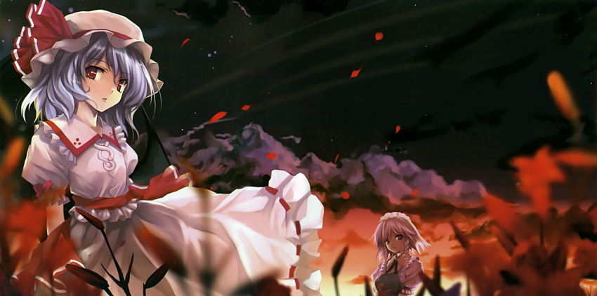 2girls absurdres blue_hair cloud cradle_(circle) flower hat highres izayoi_sakuya misaki_kurehito multiple_girls petals red_eyes remilia_scarlet scan short_hair sunset touhou wind