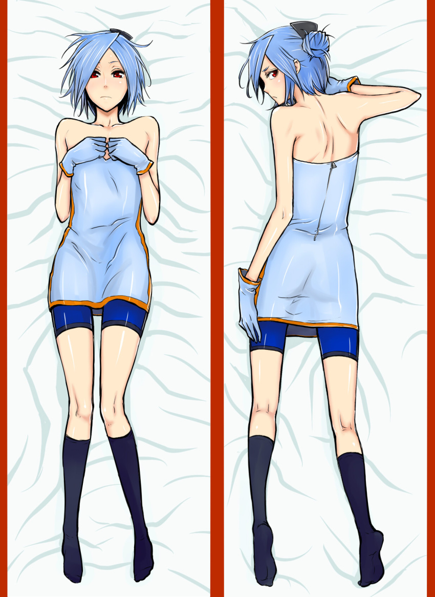 1boy 7-tan androgynous back bad_id bad_pixiv_id bare_shoulders bike_shorts blue_hair blush breast_suppress dakimakura_(medium) dress feet flat_chest gloves hair_bun hair_ornament hand_on_own_thigh highres kneehighs lying male_focus messy_hair multiple_views nanao-kun on_back on_stomach os-tan otoko_no_ko red_eyes see-through short_hair single_hair_bun socks strapless strapless_dress tube_dress u-suke