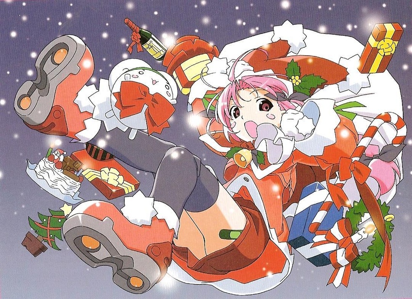 :o ankle_boots bandaid bandaid_on_leg bell black_thighhighs blush_stickers boots bottle cake candle candy candy_cane christmas christmas_tree female food full_body gift gloves hair_ribbon hat legs long_hair long_sleeves looking_at_viewer miniskirt mugimaru nakahara_komugi nurse_witch_komugi-chan open_mouth pink_eyes pink_hair pom_pom_(clothes) red_footwear ribbon sack santa_costume santa_hat scan skirt snowing solo thighhighs watanabe_akio white_gloves