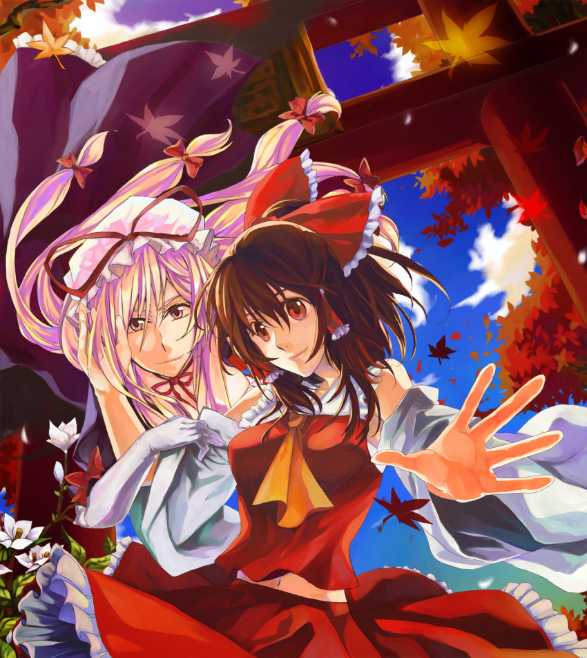 2girls commentary_request hakurei_reimu hat highres kouno_matsuri long_hair multiple_girls ribbon touhou yakumo_yukari